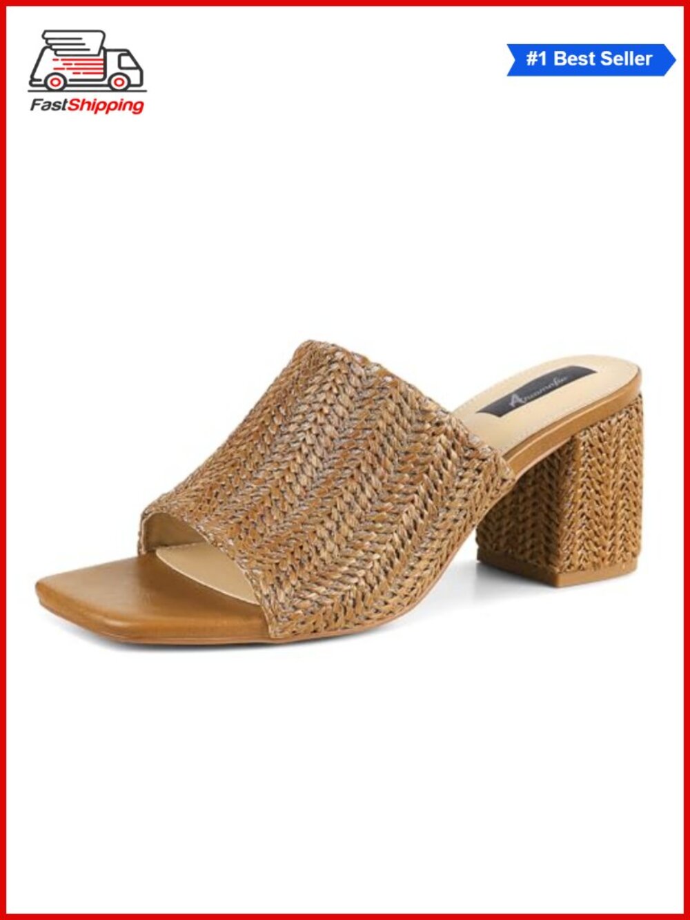 ✨ Womens Raffia Heeled Sandals Square Toe Chunky Block Heel Mules Slip On